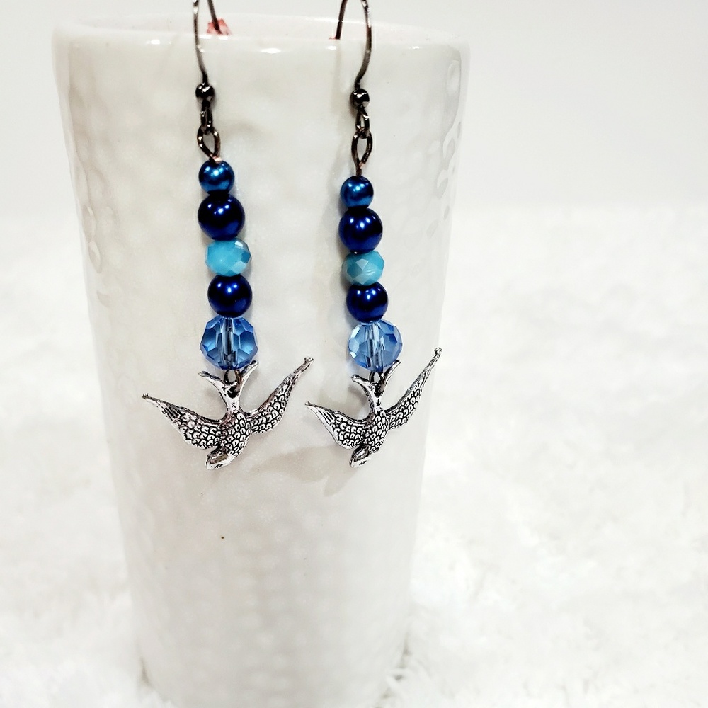 2/$10 Boho Style Earrings w/Bird Charm Blue/Slvr
